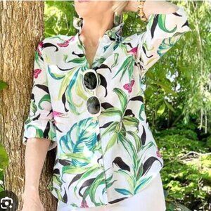 Chico's No-Iron 100% Linen Butterfly Tropical Women's Tunic Top SZ 0 US 4 Small